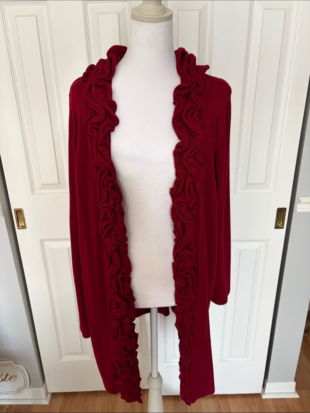 Laura Open-Front Ruffle-Trim Cardigan - Deep Red